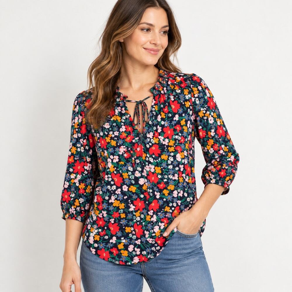 LOFT Womens Large Floral Tie Neck Blouse Navy Multicolor Rayon